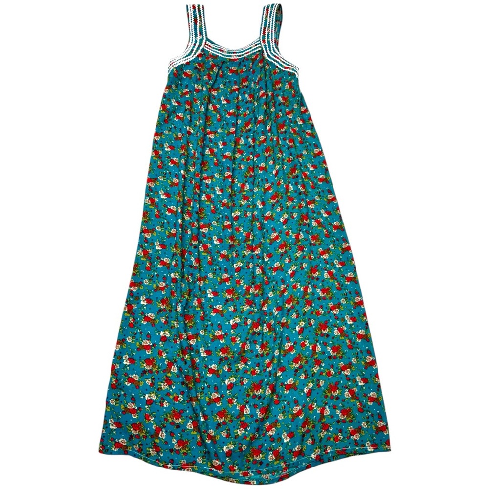 Vintage Cottagecore Floral Maxi Dress Handmade MuuMuu Style Teal S/M - Picture 10 of 10